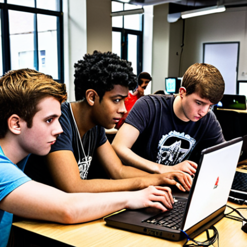 Home 11 **
A diverse team of five young adults collaborates intensely on laptops and hardware at a hackathon, surrounded by energy drinks and scattered notes. The atmosphere is focused but collaborative, showing teamwork and problem-solving.
**