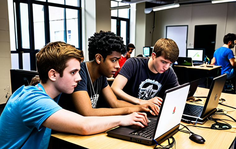 **
A diverse team of five young adults collaborates intensely on laptops and hardware at a hackathon, surrounded by energy drinks and scattered notes. The atmosphere is focused but collaborative, showing teamwork and problem-solving.
**