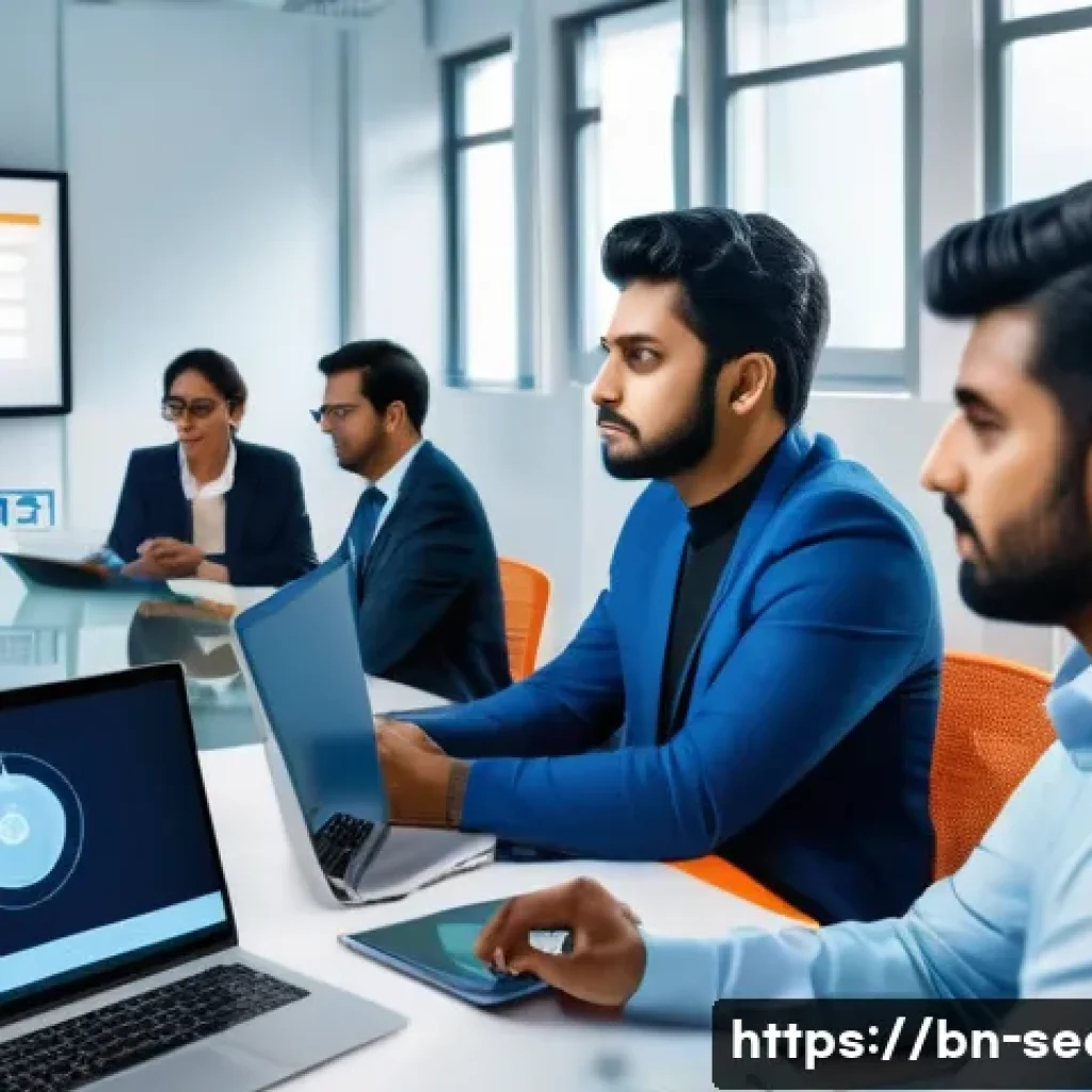 정보보안학 연구 방향 - A professional office environment with diverse Bengali employees engaged in a cybersecurity awarenes...