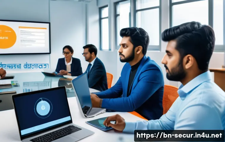 정보보안학 연구 방향 - A professional office environment with diverse Bengali employees engaged in a cybersecurity awarenes...