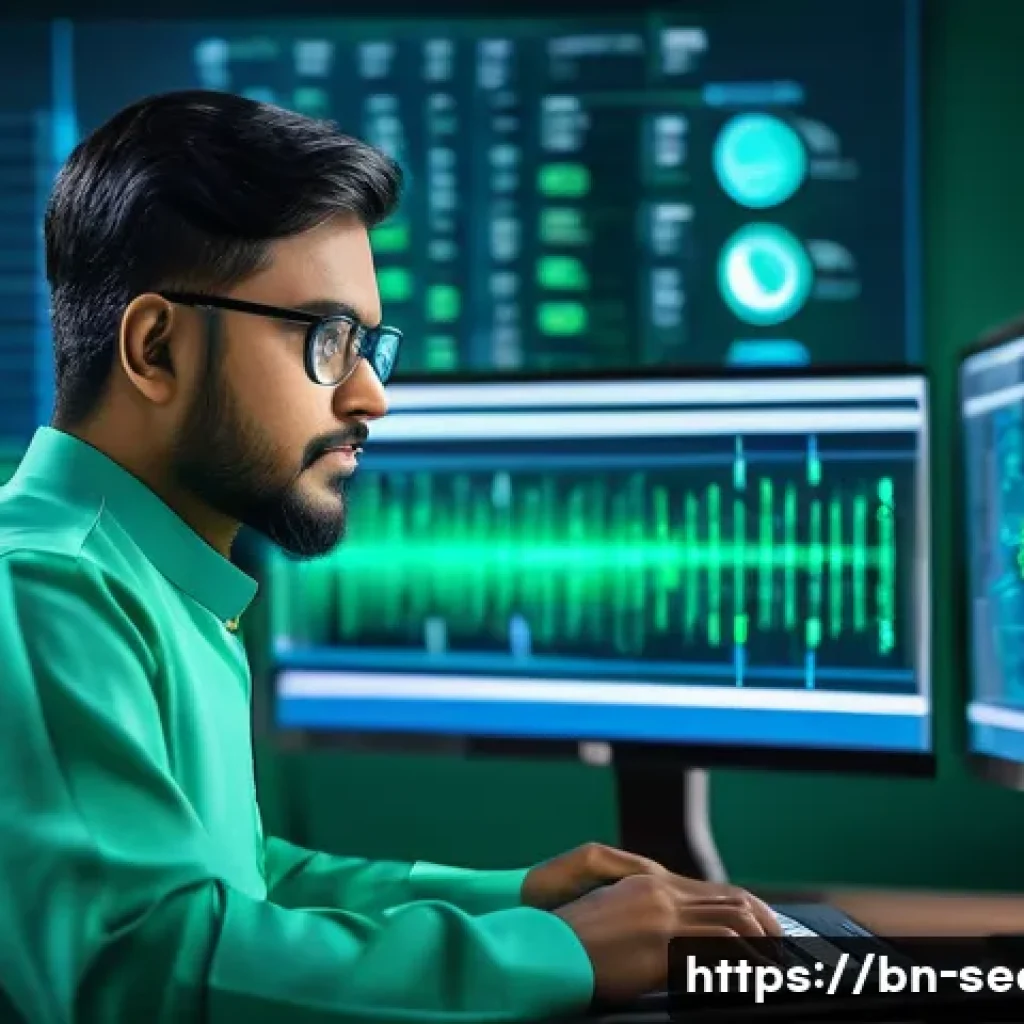 정보보안학 학위 취득 - A modern digital workspace scene featuring a Bangladeshi cybersecurity professional in traditional a...