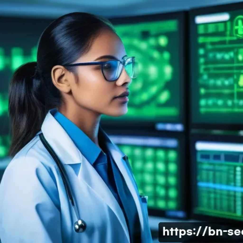 정보보안학 HIPAA Health Insurance Portability and Accountability Act - A modern hospital IT specialist monitoring cybersecurity systems in a healthcare environment, surrou...
