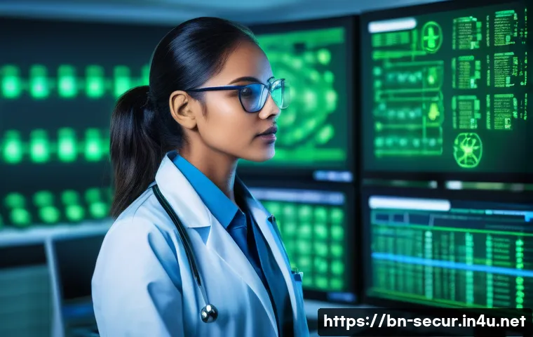 정보보안학 HIPAA Health Insurance Portability and Accountability Act - A modern hospital IT specialist monitoring cybersecurity systems in a healthcare environment, surrou...