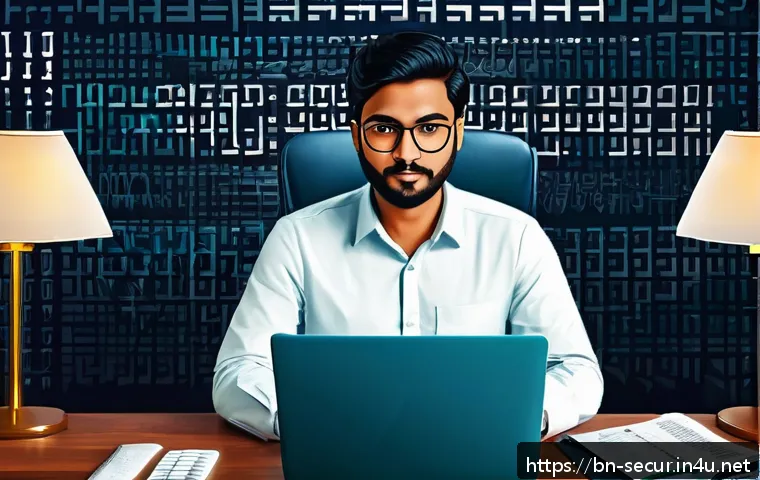 정보보안학 보안 취약점 대응 - A detailed illustration of a Bengali man sitting at a desk in a modern home office, focused on creat...