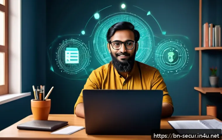 정보보안학 시스템 보안 - A detailed digital illustration of a Bengali professional working from home, securely connected via ...