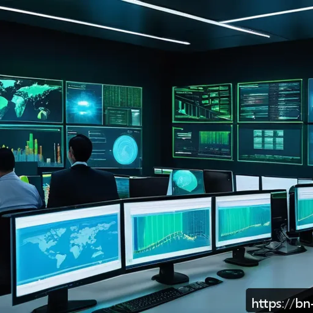 정보보안학 SIEM Security Information and Event Management - A modern cybersecurity operations center bustling with activity, featuring diverse professionals mon...