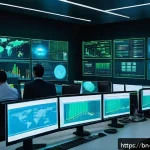 정보보안학 SIEM Security Information and Event Management - A modern cybersecurity operations center bustling with activity, featuring diverse professionals mon...