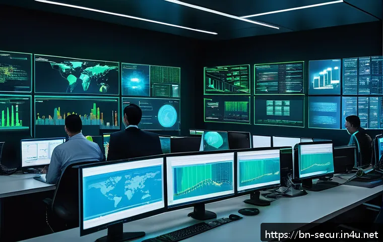 정보보안학 SIEM Security Information and Event Management - A modern cybersecurity operations center bustling with activity, featuring diverse professionals mon...