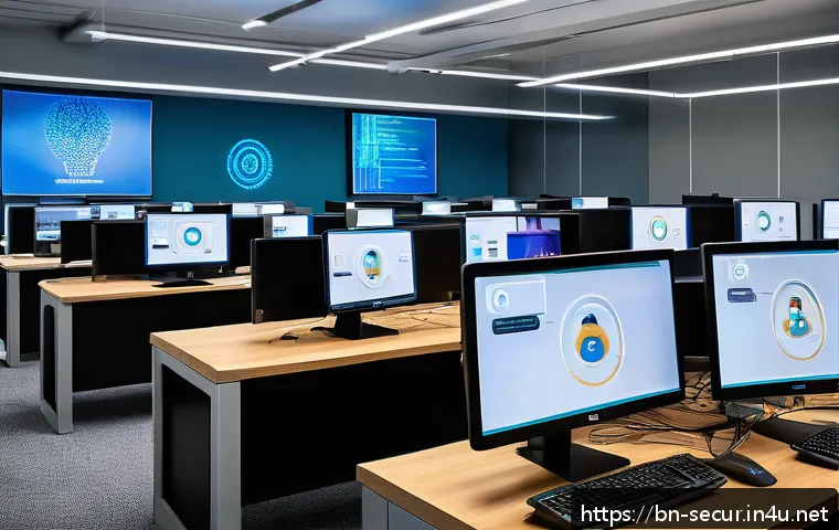정보보안학 키 관리 - A modern office environment with diverse Bengali professionals engaged in a cybersecurity training s...