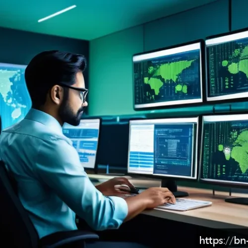 정보보안학 주요 교과목 - A detailed digital illustration of a professional cybersecurity analyst working in a modern office e...