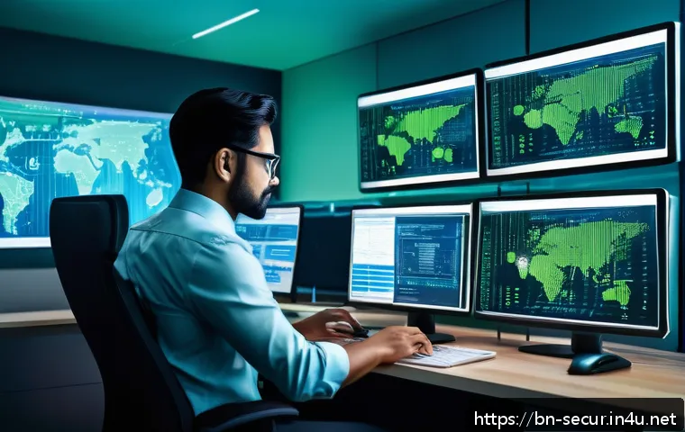 정보보안학 주요 교과목 - A detailed digital illustration of a professional cybersecurity analyst working in a modern office e...