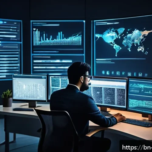 정보보안학 공개키 암호화 - A detailed digital illustration of a Bengali cybersecurity expert sitting at a modern workstation, a...