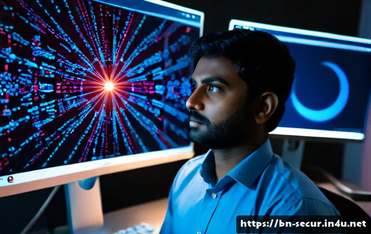 정보보안학 최신 보안 위협 - Photorealistic cybersecurity analyst in a modern South Asian office, studying multiple dark computer...