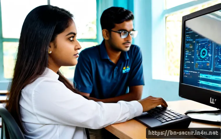 정보보안학 사이버 보안 정책 - Photorealistic university cybersecurity classroom in Bangladesh, a Bengali female student and male i...